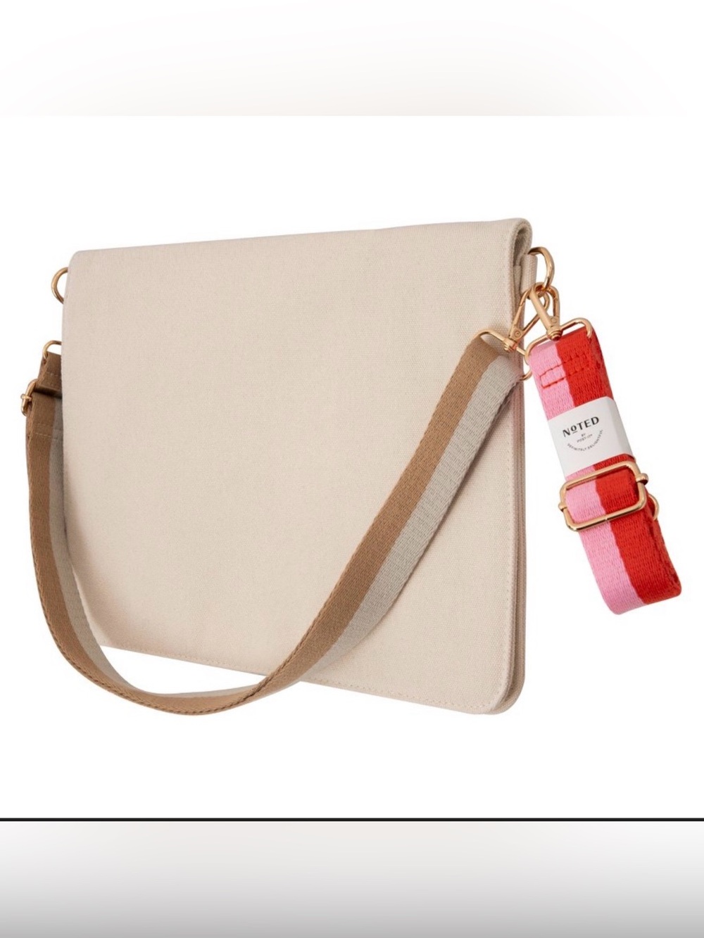 Beige Canvas Clutch with Removable Pink-Red Webbed Strap
